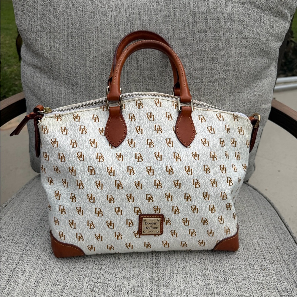 Dooney & Bourke White and Brown Large Satchel Leather Monogrammed Papers - Picture 2 of 12